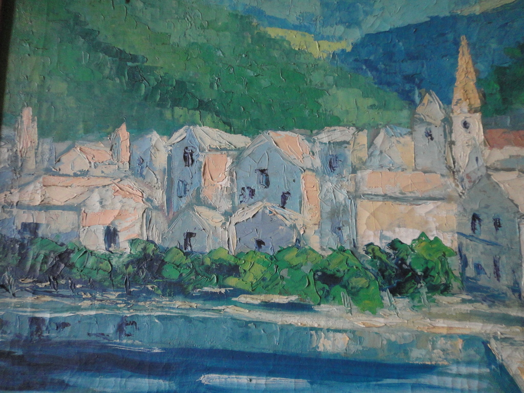 Franse school(?) - olieverf op doek - bergdorp aan rivier kopen? Bied vanaf 1!