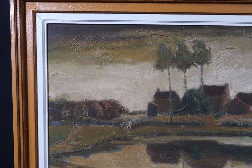 Alphonse Mora: Olieverf op paneel, Huisjes aan het water - Ingelijst (Groot) kopen? Bied vanaf 1!