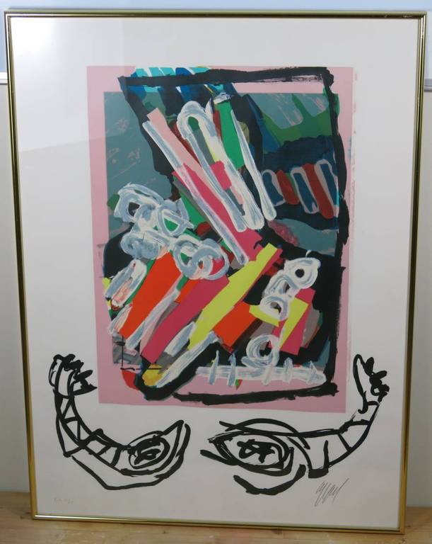 Karel Appel: Kleurenlitho, Strepen en vissen - Ingelijst kopen? Bied vanaf 250!