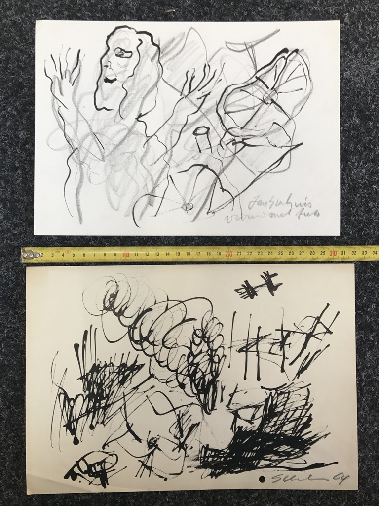 Jan Sierhuis   2 Prachtige tekeningen - gesigneerd-vrouw met fiets + 1964 verkocht voor € 45!