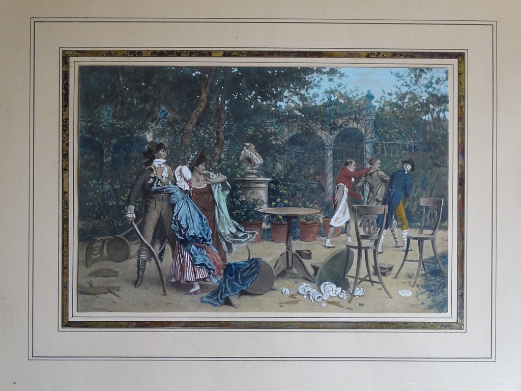 Naar Frederick Hendrik Kaemmerer (1839-1902), ingekleurd gravure, Ruziënde heren kopen? Bied vanaf 10!