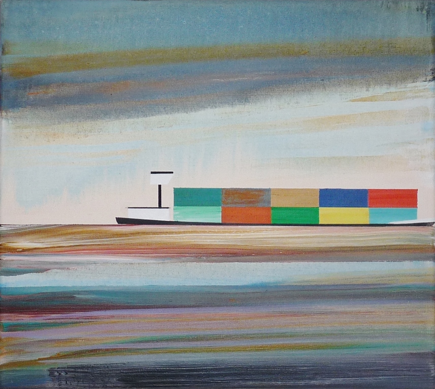 Gabriëlle van de Laak, Olieverf op doek, Containers op de Waal  verkocht voor € 375!