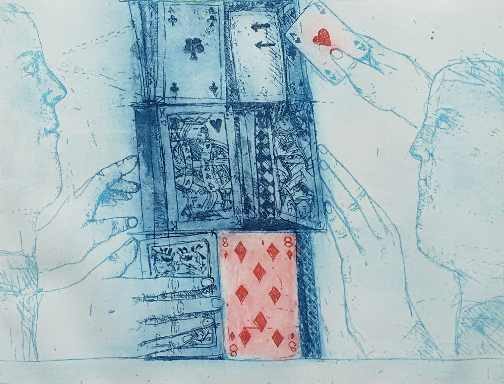 Karin Campfens - Kaartspelers, aquatint ets (ingelijst) kopen? Bied vanaf 1!