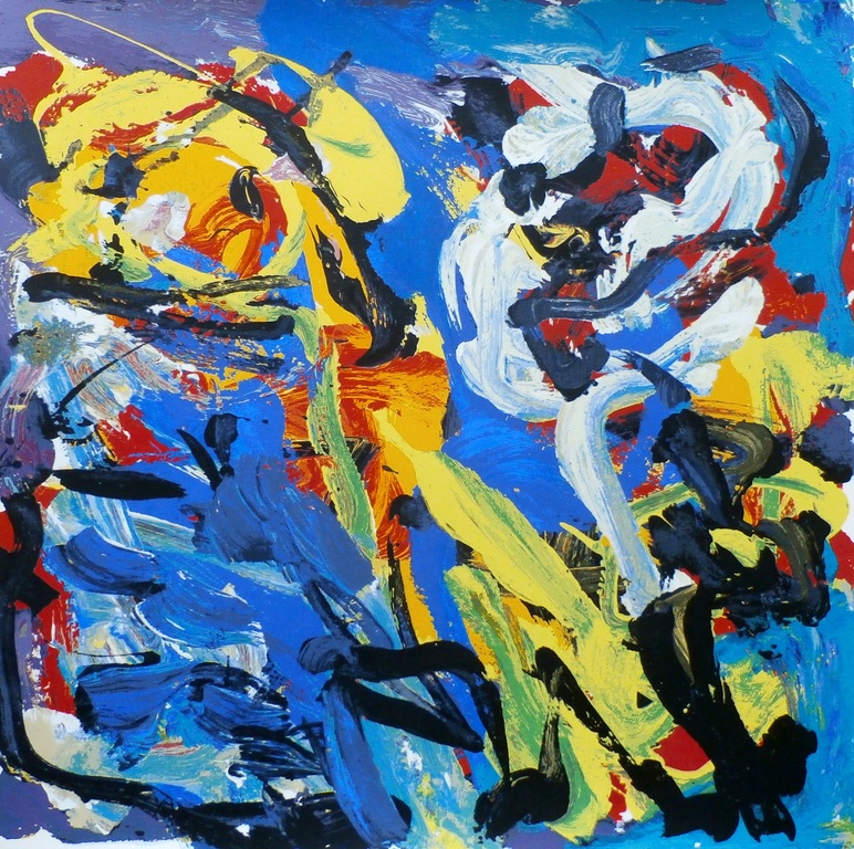 Karel Appel - zeefdruk: Spelend in blauw - 1977 verkocht voor € 275!
