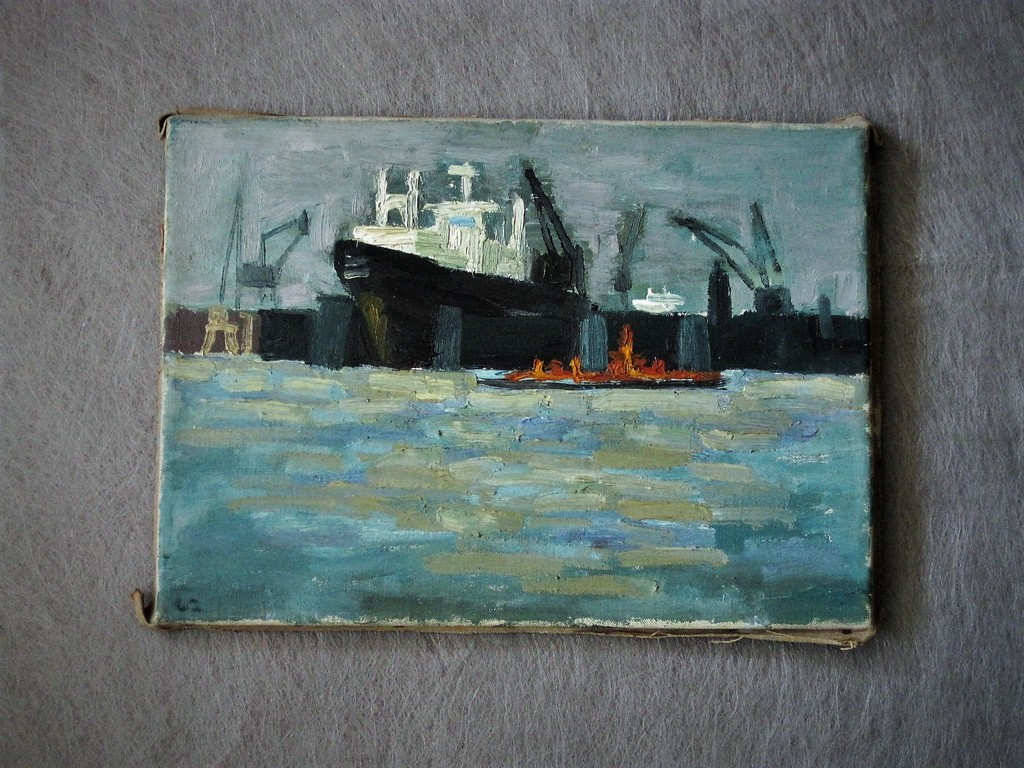 Oud impressionistisch olieverf op doek "Haven van Amsterdam" monogram "AT" kopen? Bied vanaf 1!