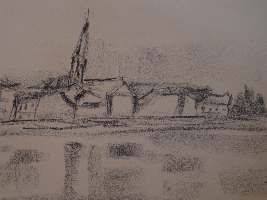 Zeldzaam figuratieve houtskooltekening "dorp aan rivier" gesigneerd AvdV kopen? Bied vanaf 1!