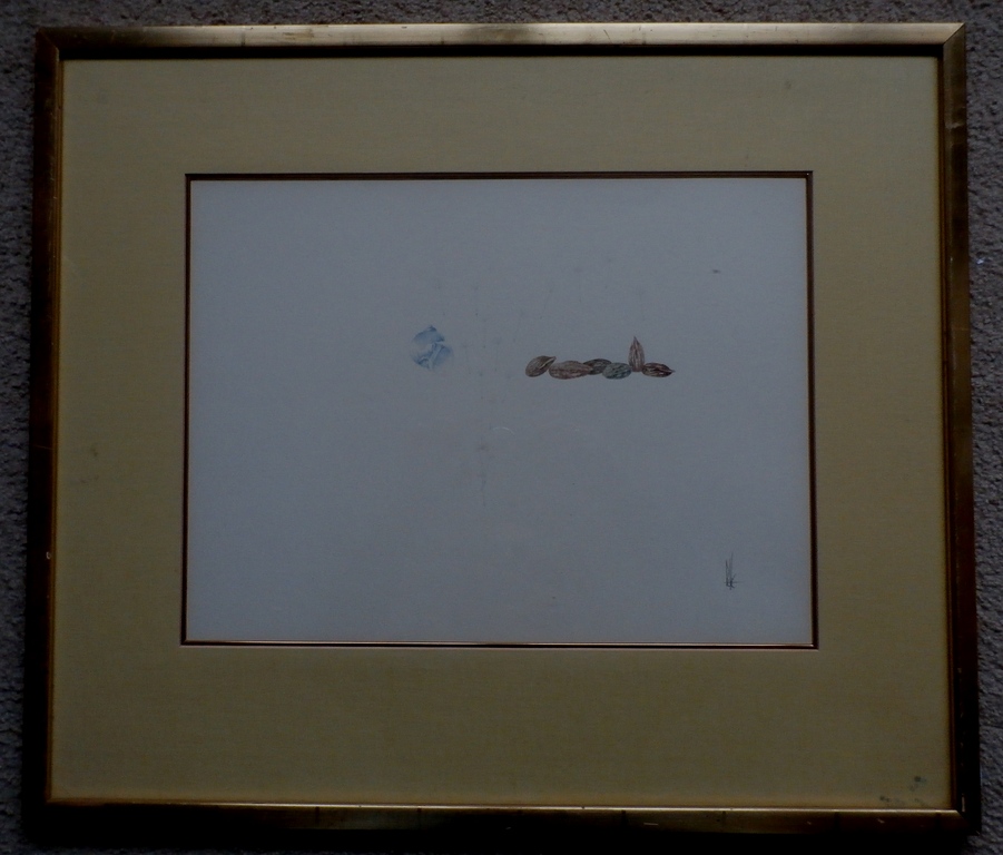 Melle oldeboerrigter ingelijste aquarel:compositie met schelp en pitten, handges kopen? Bied vanaf 150!