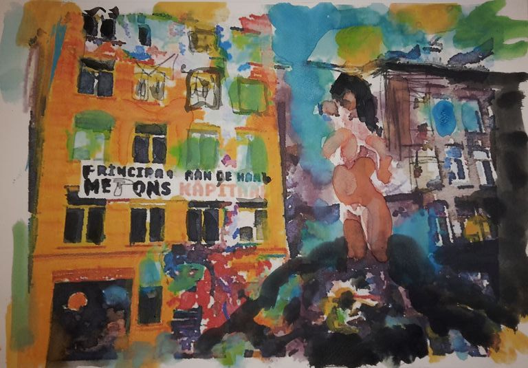 Peter Klashorst - Spuistraat - gemengde techniek op papier - gesigneerd kopen? Bied vanaf 65!