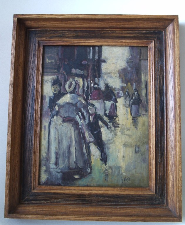 Gesigneerd met G.H.B., Olieverf schilderij, Amsterdams stadsleventafereel. verkocht voor € 243!