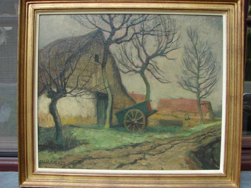 Boerderijtje op het platte land. linoleum of houtsnede. kopen? Bied vanaf 190!