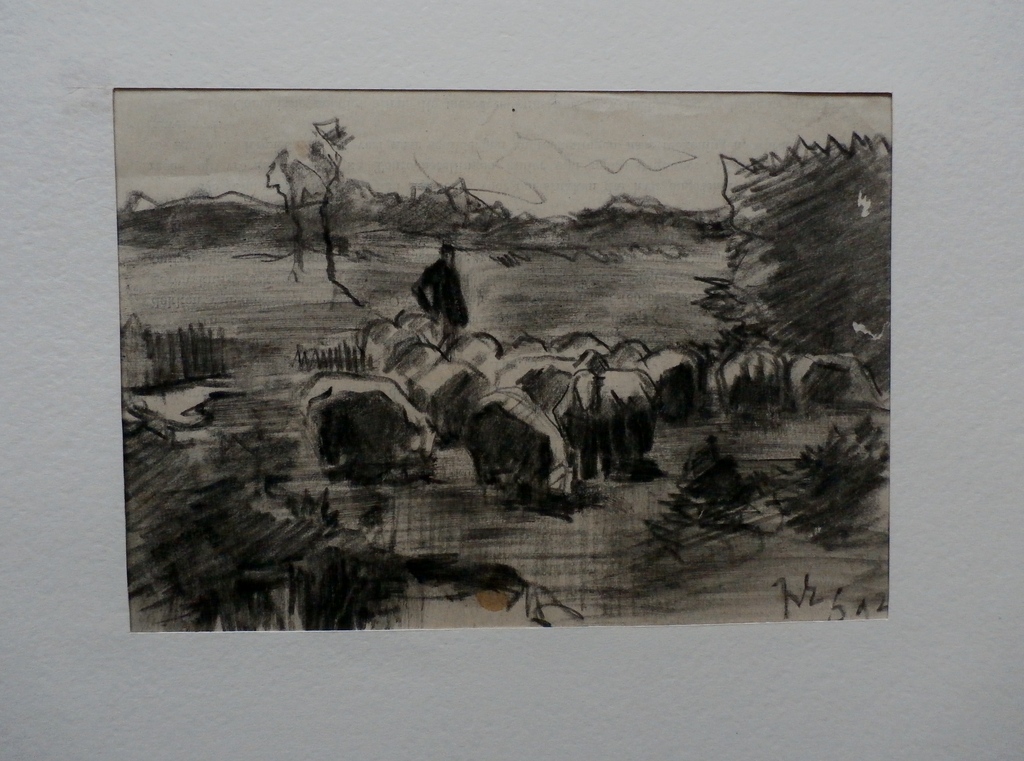 Jan van Essen - tekening: Schaapskudde met herder verkocht voor € 45!