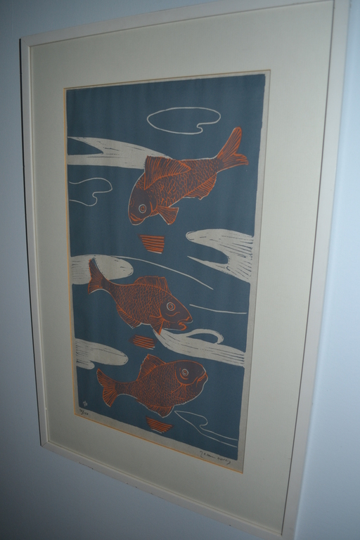 Jeanne Bieruma Oosting - Houtsnede in kleur 'Vissen' kopen? Bied vanaf 125!