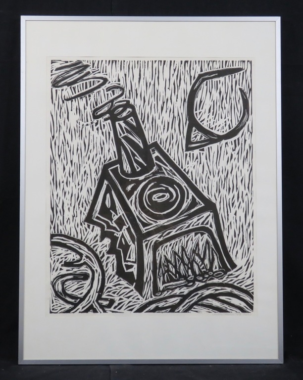 Anne Semler: Houtsnede, Zonder titel - Ingelijst verkocht voor € 35!