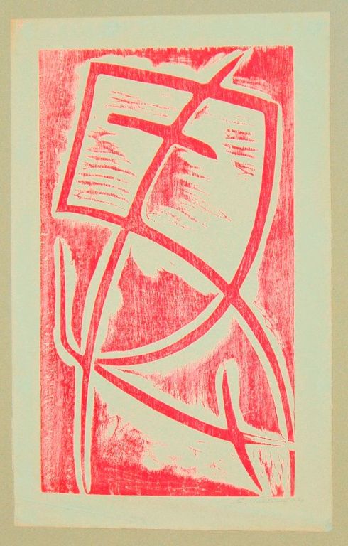 Emile Voeten: Houtsnede, Abstracte compositie in rood kopen? Bied vanaf 1!
