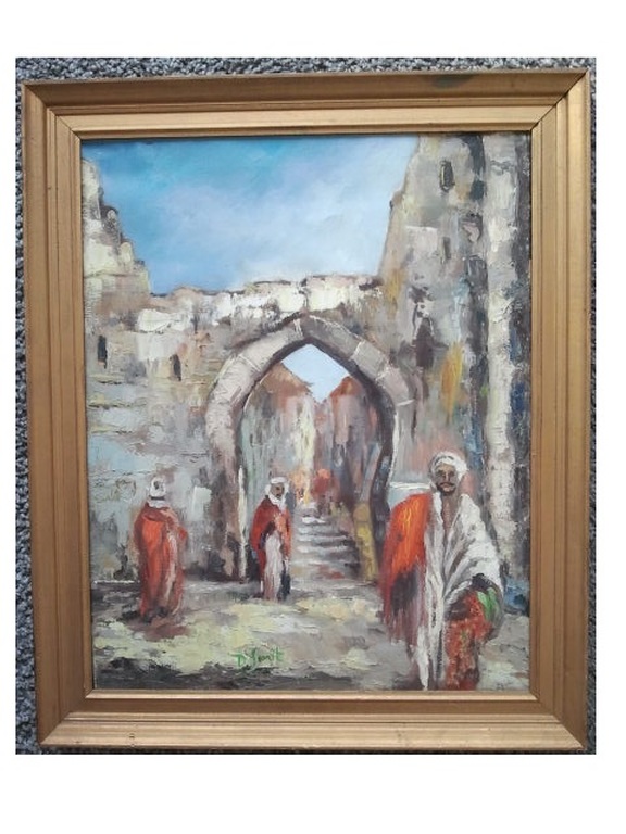 Stadstaferee met figuren bij poort - olieverf op doek verkocht voor € 120!