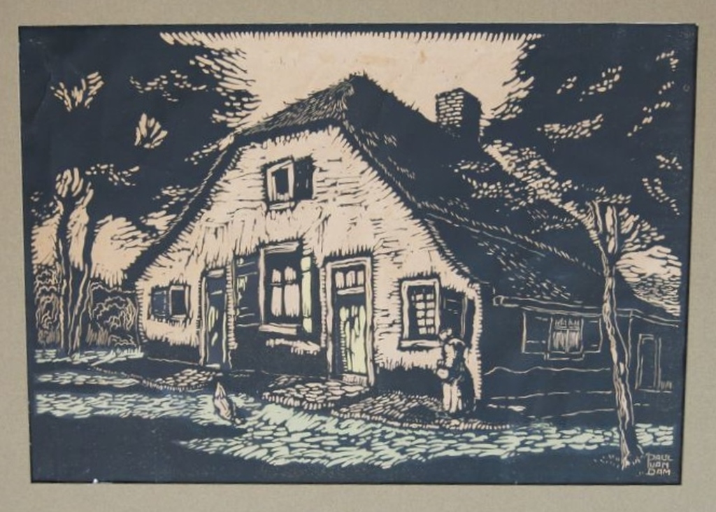 Paul van Dam (2x) + Onbekend gesigneerd (4x): Houtsnede, Boerderij  kopen? Bied vanaf 1!