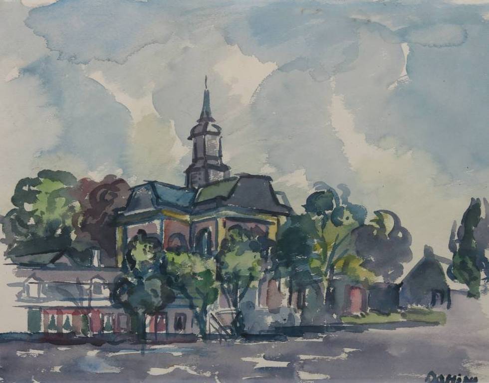 Jeanne Bieruma Oosting: Aquarel, Stadsgezicht met kerktoren - Ingelijst kopen? Bied vanaf 250!