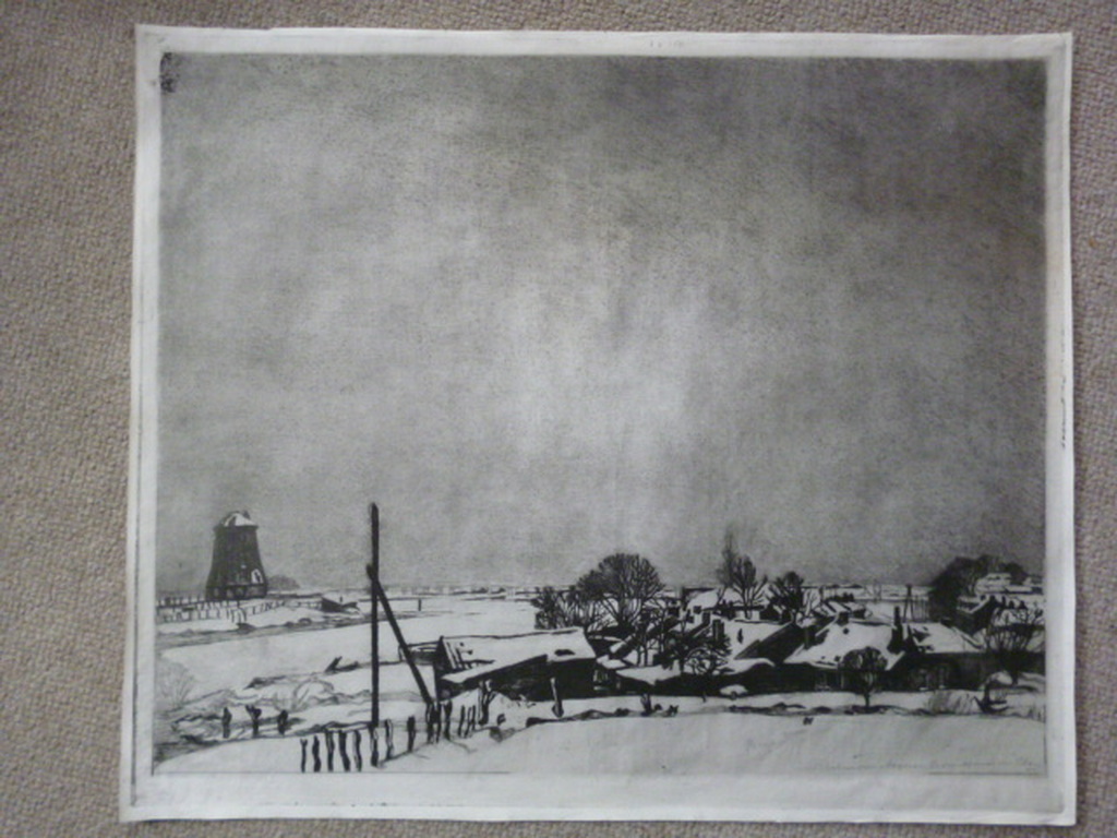 A. Derkzen van Angeren - ets - Besneeuwd landschap met huizen en molen kopen? Bied vanaf 40!
