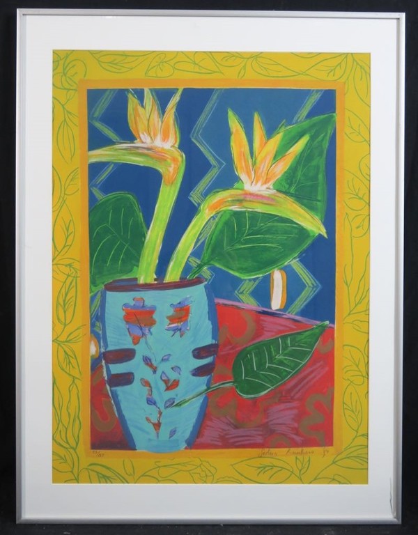 Saskia Kuulkers: Zeefdruk, Paradijsvogelbloemen - Ingelijst kopen? Bied vanaf 1!