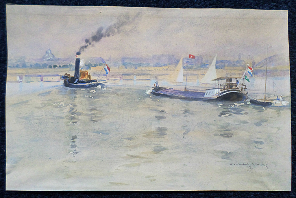 Rijnaak bij Düsseldorf, aquarel kopen? Bied vanaf 1!