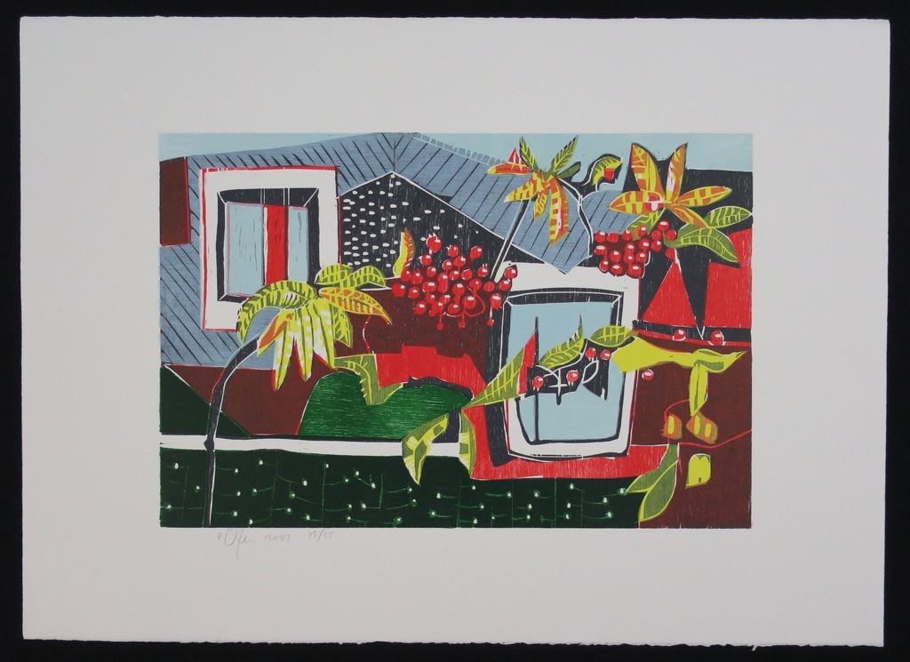 Vincent van Ojen: Houtsnede, Compositie met bessentakjes verkocht voor € 40!