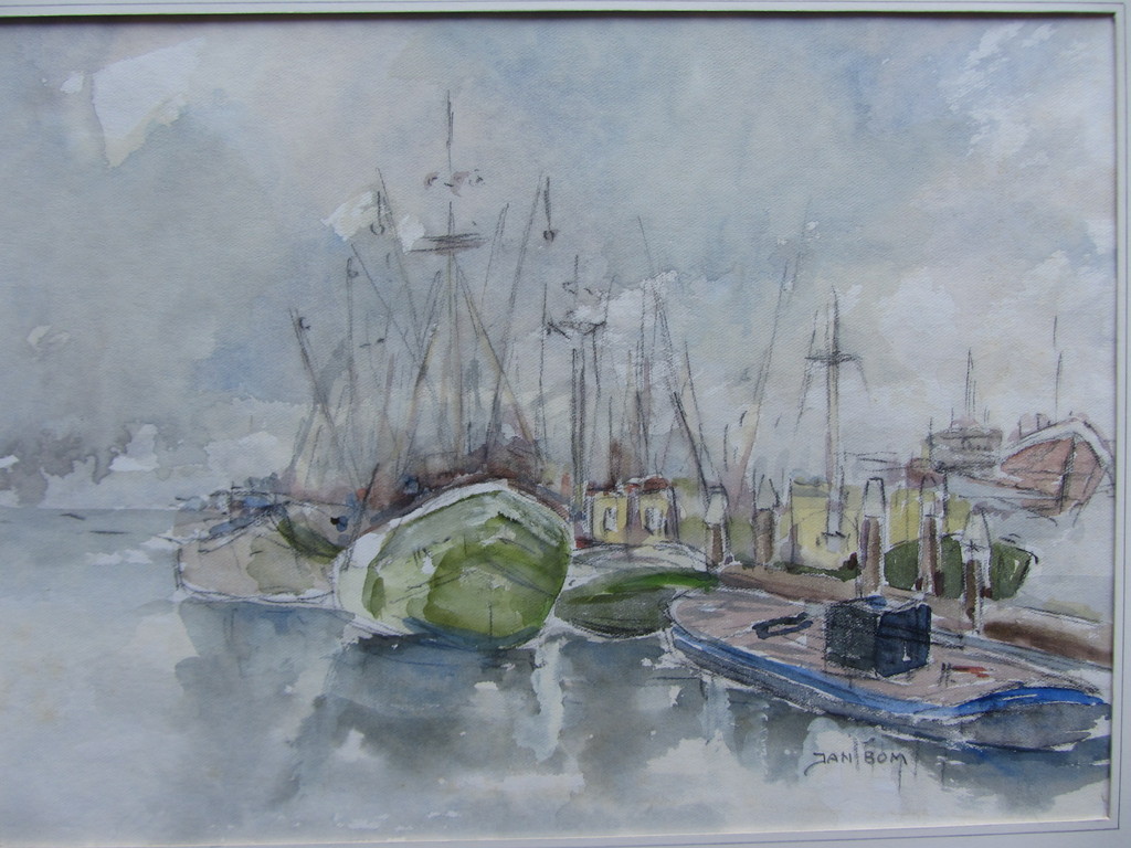 Jan Bom  - Aquarel - Havengezicht -  kopen? Bied vanaf 50!