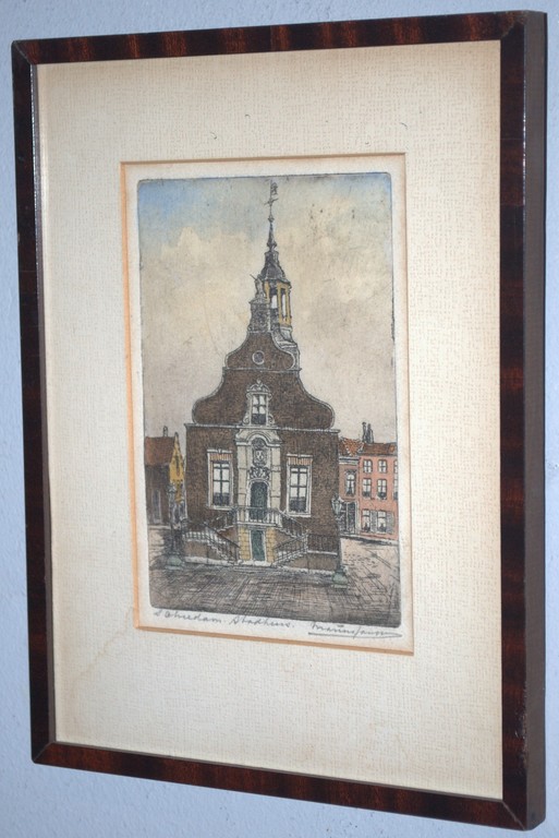 Schiedam, het stadhuis, handgekleurde gesigneerde ets kopen? Bied vanaf 10!