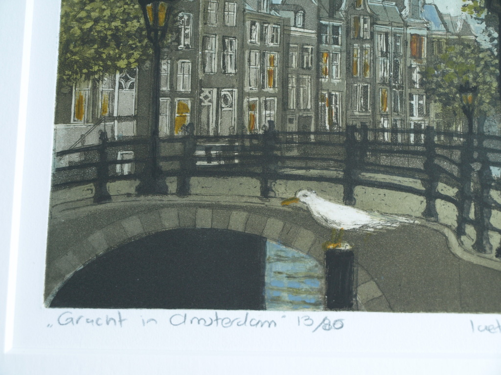 Laetitia de Haas: Kleurenets , Gracht in Amsterdam – Ingelijst – ca 2004 kopen? Bied vanaf 50!