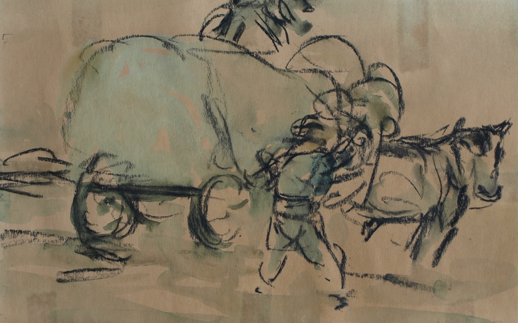 Onduidelijke signatuur : Aquarel / pasteltekening - Boerenkar – ca 1900 kopen? Bied vanaf 25!