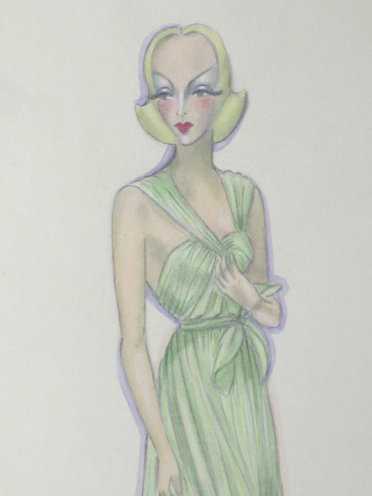 Onbekende kunstenaar, Art-deco model in groene jurk, Kleurtekening kopen? Bied vanaf 1!