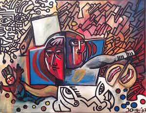 Niet of onleesbaar gesigneerd - Jeroen Quirijns , Acryl op doek, gesigneerd JQUI '97 verkocht voor € 1!