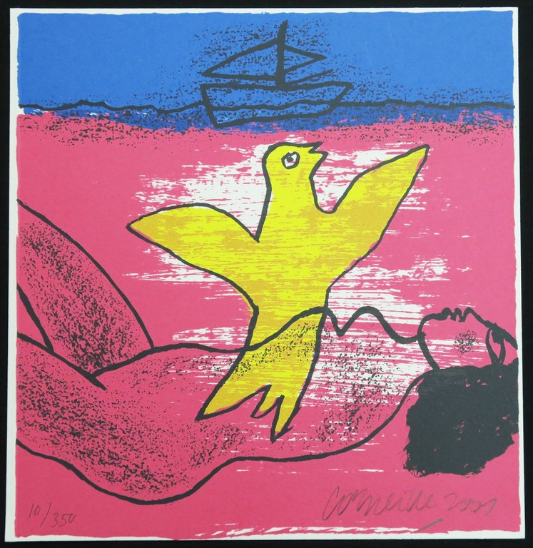 Corneille: Zeefdruk, Z.T. Vrouw zeilboot en gele vogel verkocht voor € 50!