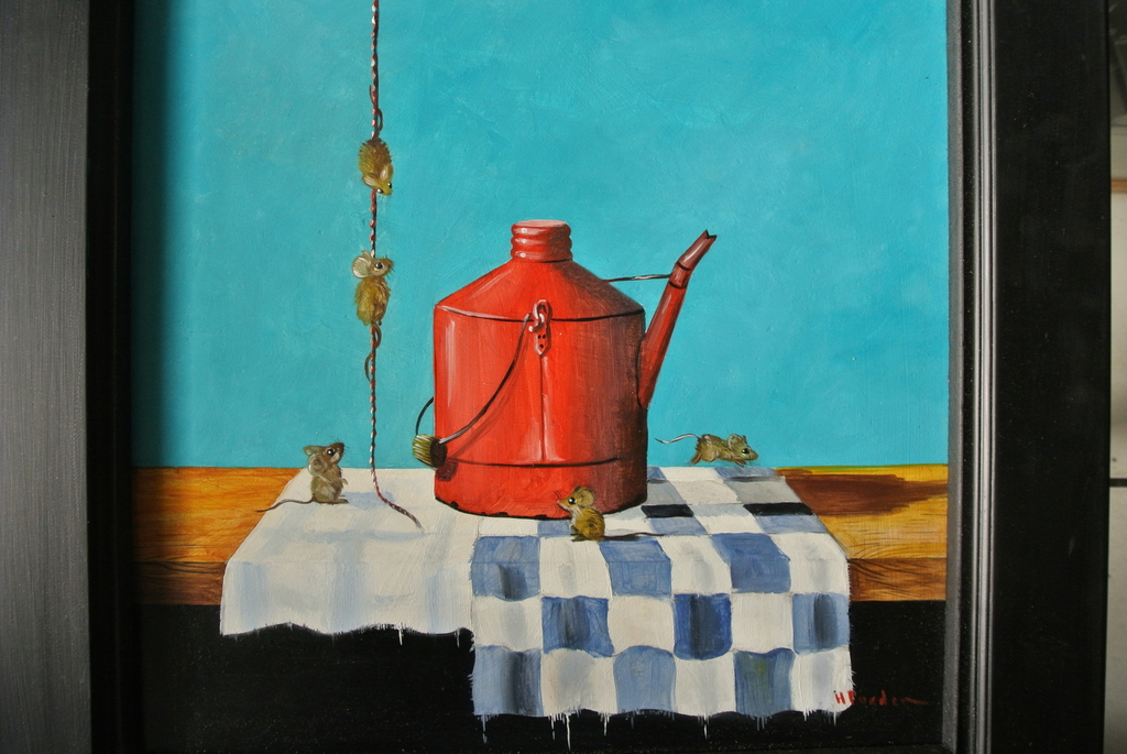 HENK POEDER.- Olieverf op Paneel.- ALS DE KAT VAN HUIS IS.... verkocht voor € 185!