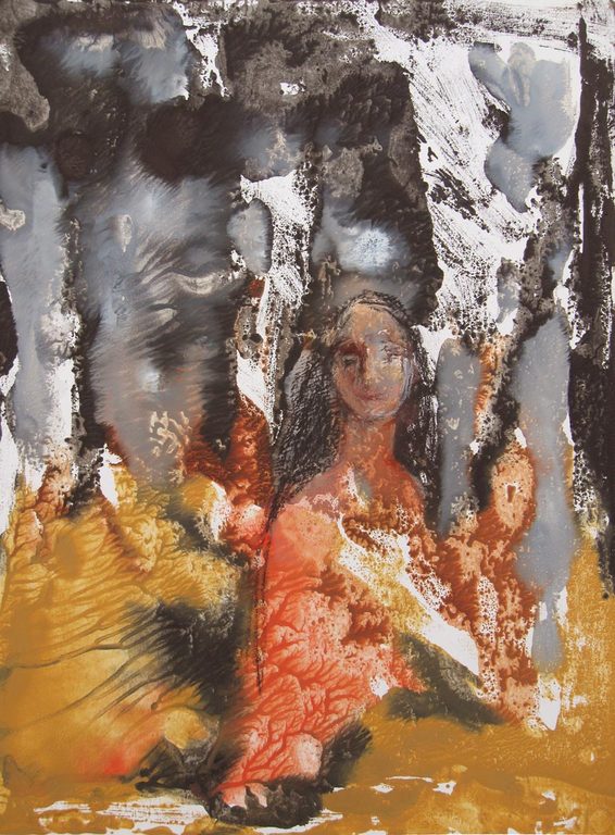 Irene Joffroy - scene met jonge vrouw - olieverf en krijt op papier verkocht voor € 35!