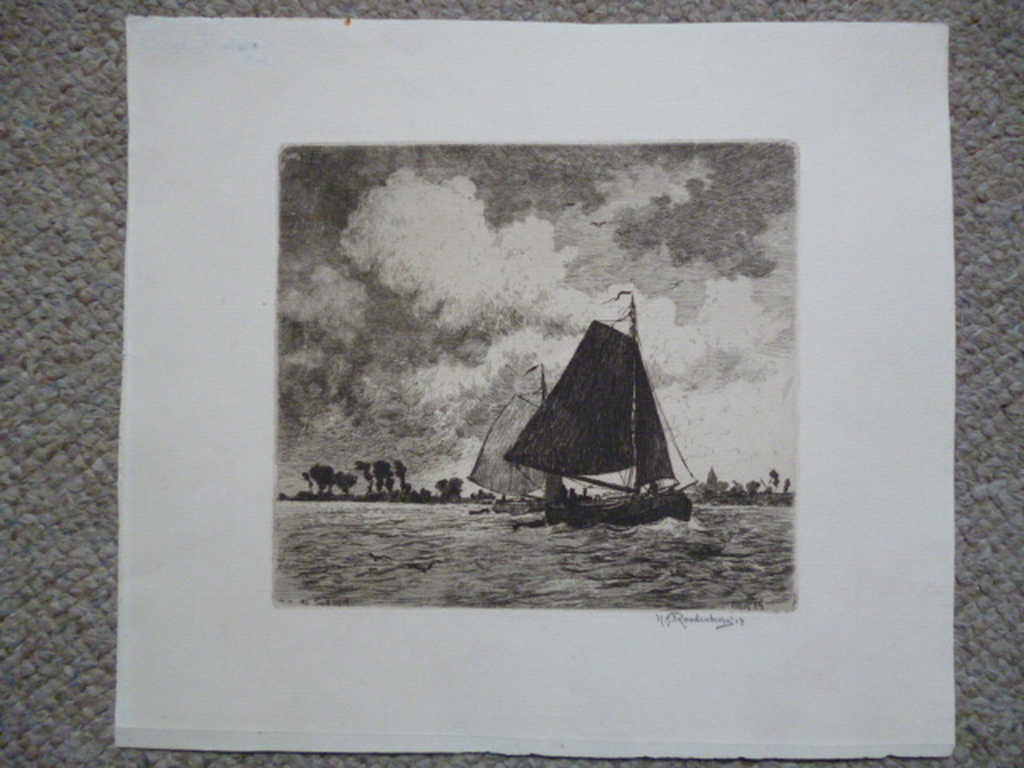 Hendrikus Roodenburg - ets - Tjalken op de Rijn verkocht voor € 50!