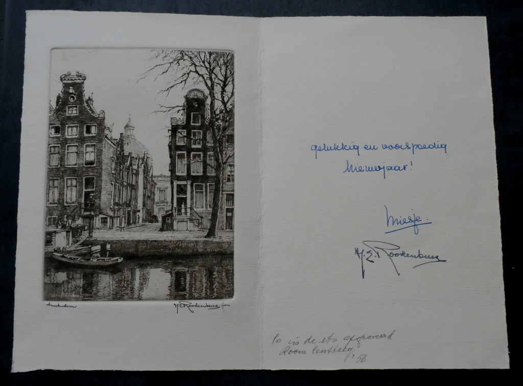 Hendrikus Roodenburg - Kerstkaart met ets: Amsterdam - 1956 kopen? Bied vanaf 25!