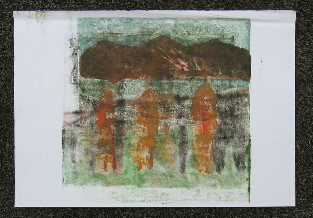 DRIE GEDAANTEN IN LANDSCHAP - monotype en olieverf op papier, Irene Joffroy kopen? Bied vanaf 64!