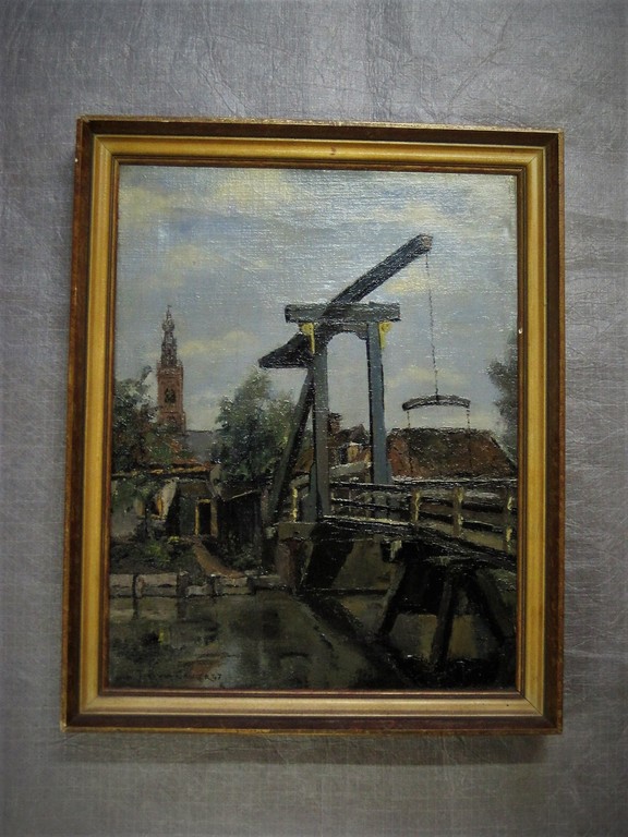 Larense School Jord van Calker (1919-) olieverf "Edam Kwakelbrug en Speeltoren"  verkocht voor € 65!