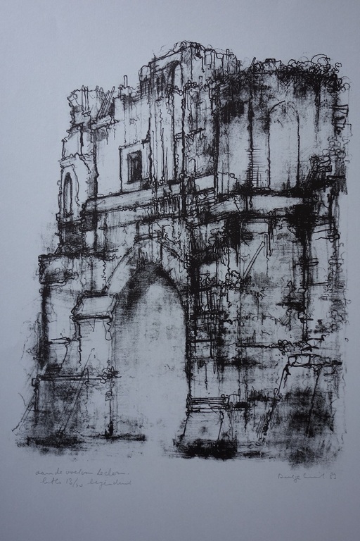 Dirkje Kuik, prachtige litho van de Domtoren op grijs/blauw papier 1983. kopen? Bied vanaf 50!