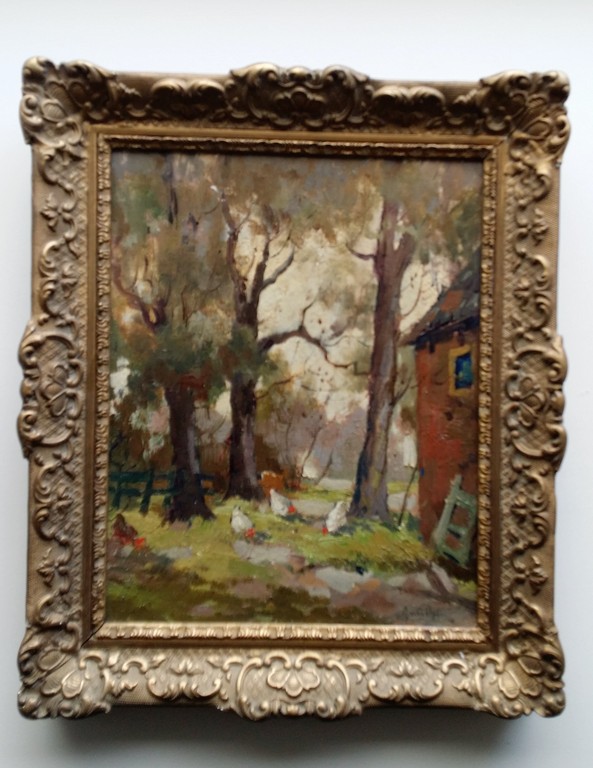 Arnout van Gilst - Olieverf - Boerenerf met Kippen kopen? Bied vanaf 1!