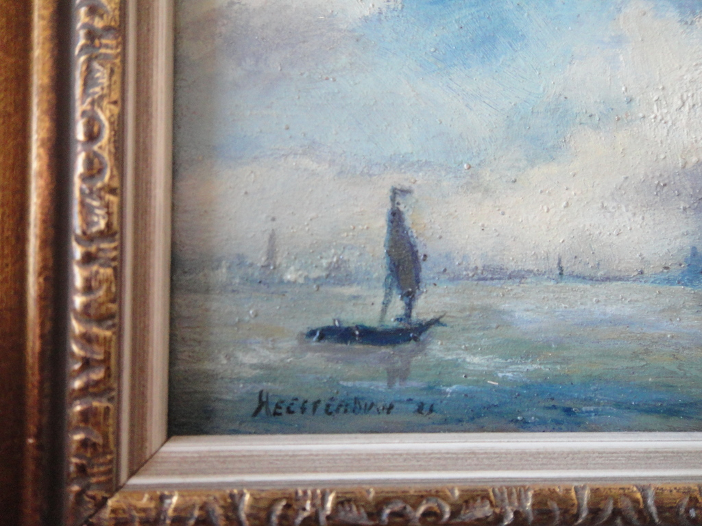 Johannes (Jan) Heesterman, olieverf op paneel, varend bootje met zicht op stadje kopen? Bied vanaf 85!