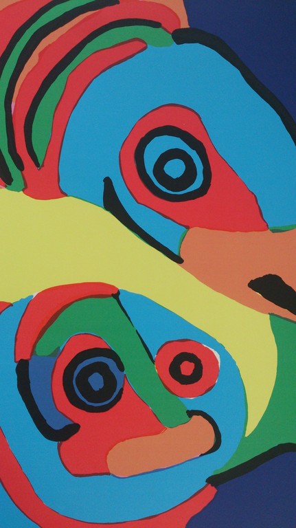 Karel Appel, kleurenlitho 1971, Oiseau et personnage verkocht voor € 650!