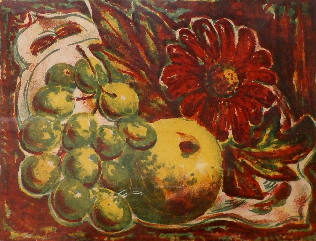 Hans van Dokkum - ingelijste lino: stilleven - 1972 verkocht voor € 40!