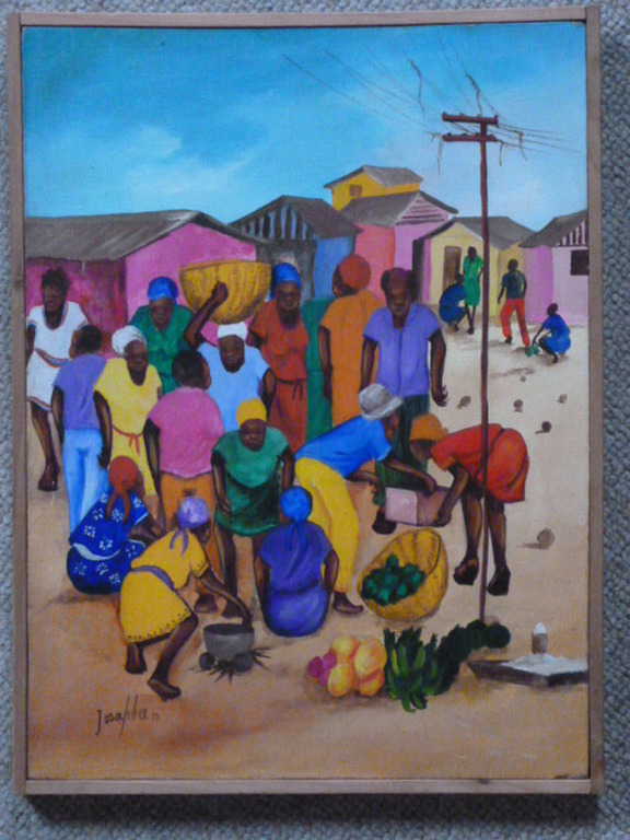 Josapha Tissaint - olieverf - Afrikaanse dorpsmarkt verkocht voor € 85!