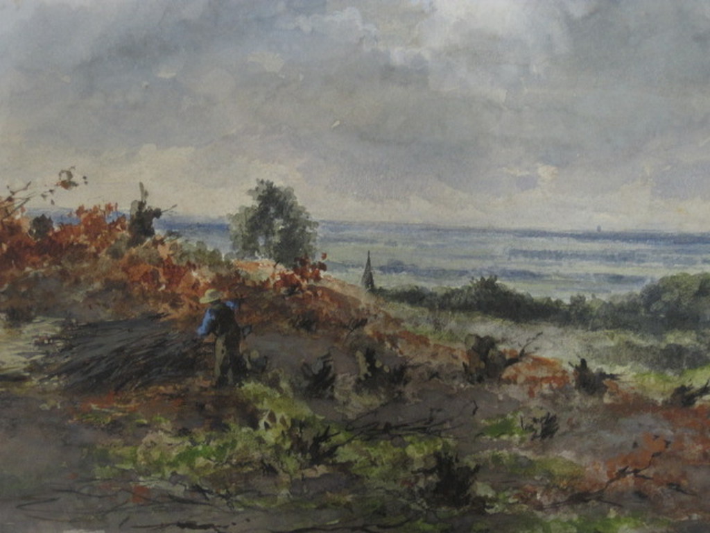 Fraaie 19e eeuwse Aquarel "landarbeider aan de kust" van G.L.Kiers 1838-1916 verkocht voor € 95!