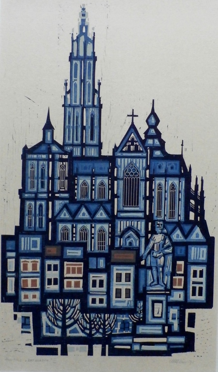 Akke Sins - houtsnede - Antwerpen I - 1975 verkocht voor € 60!