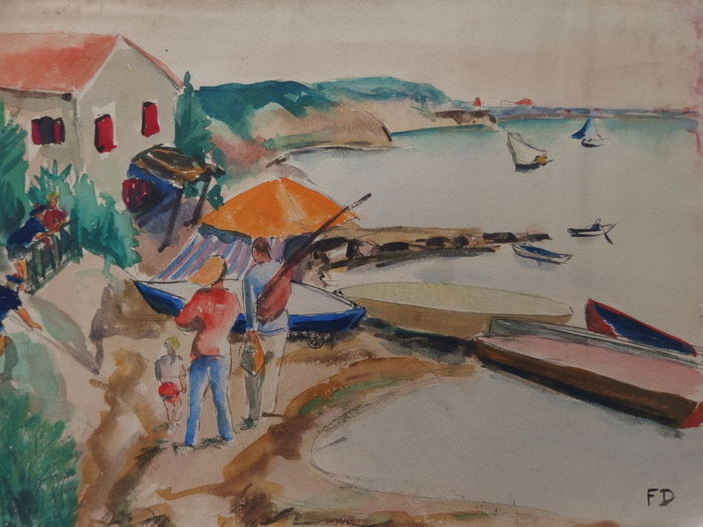 FRANCOIS DESNOYER  AQUAREL ,,RETOUR DE PECHE,,  Handgesigneerd ca 1960 verkocht voor € 35!