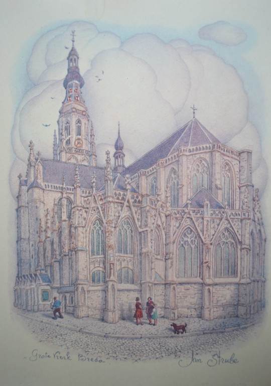 Prent van Jan Strube - Grote kerk Breda verkocht voor € 45!