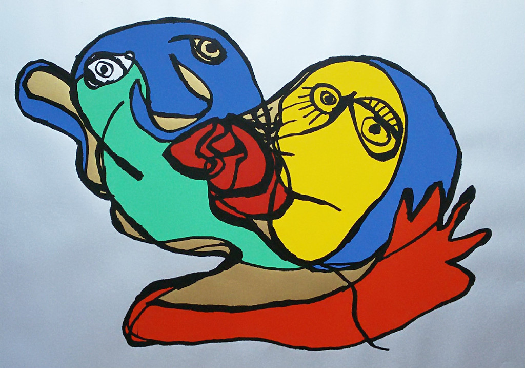 Karel Appel - The Kiss (Silver), zeefdruk (ingelijst, groot) verkocht voor € 750!