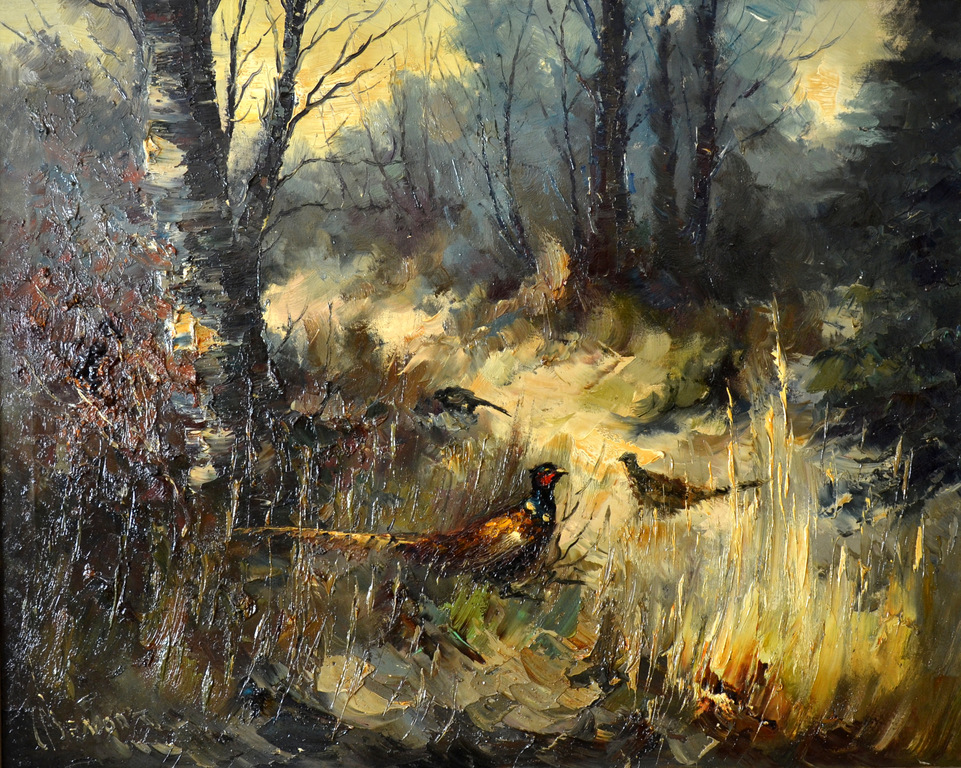 John Bevort (1917 - 1996)- "Fazanten in winters bos"- Indrukwekkend olieverf. verkocht voor € 365!